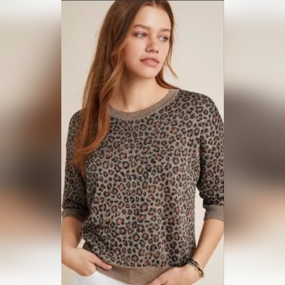 Anthropologie NWT Metallic Leopard Print 3/4 Sleeve Sweater Women's Size Medium